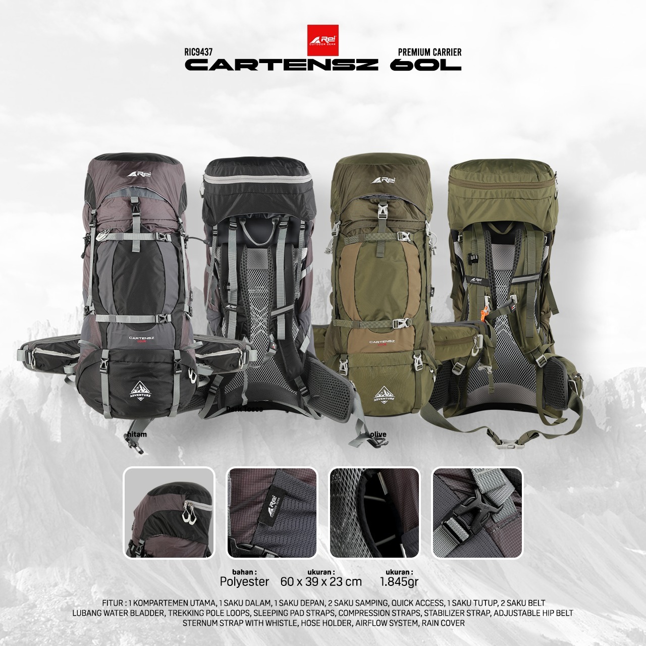 Tas Gunung / Carrier Premium Cartenz 60 Liter Arei Outdoorgear - Image 31