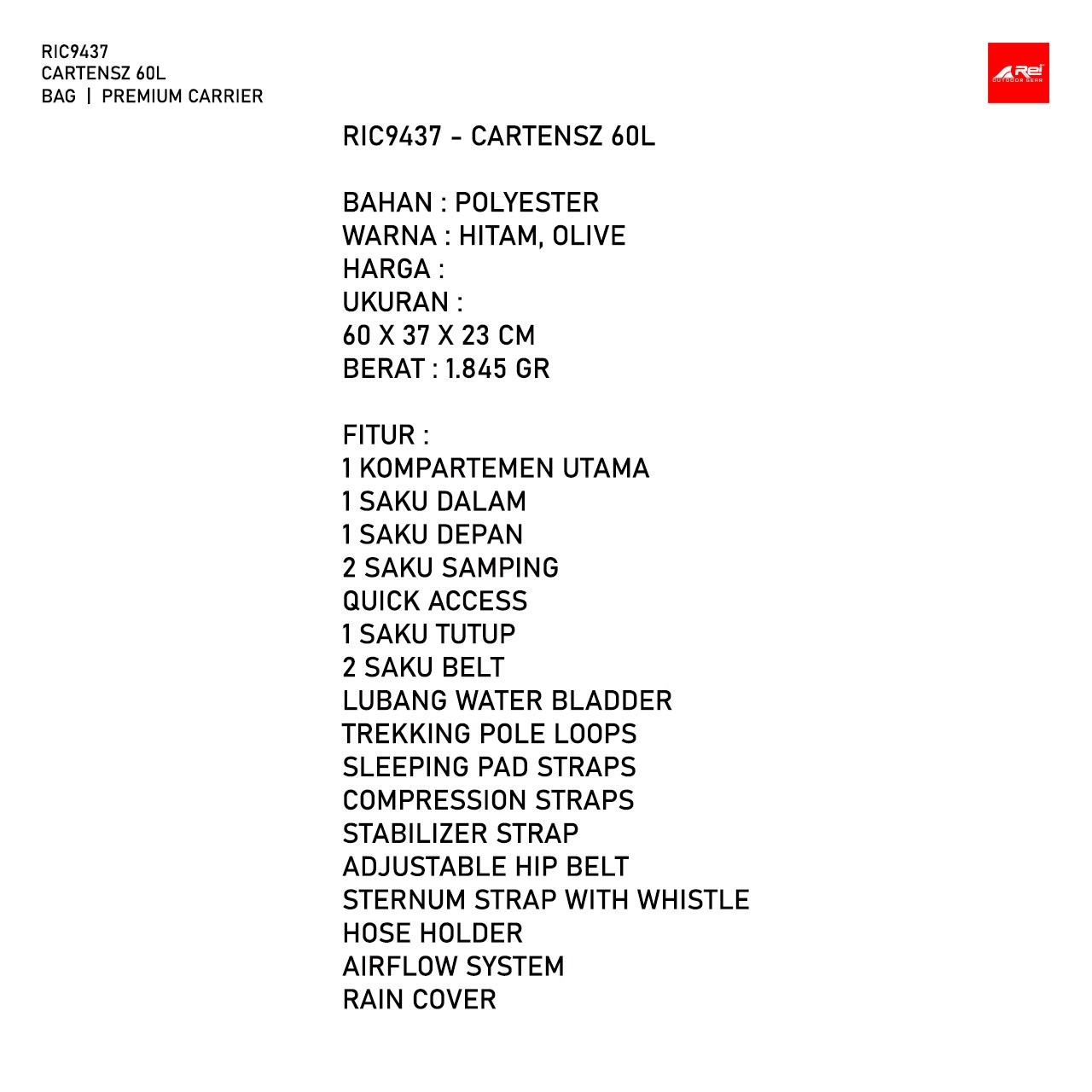 Tas Gunung / Carrier Premium Cartenz 60 Liter Arei Outdoorgear - Image 29