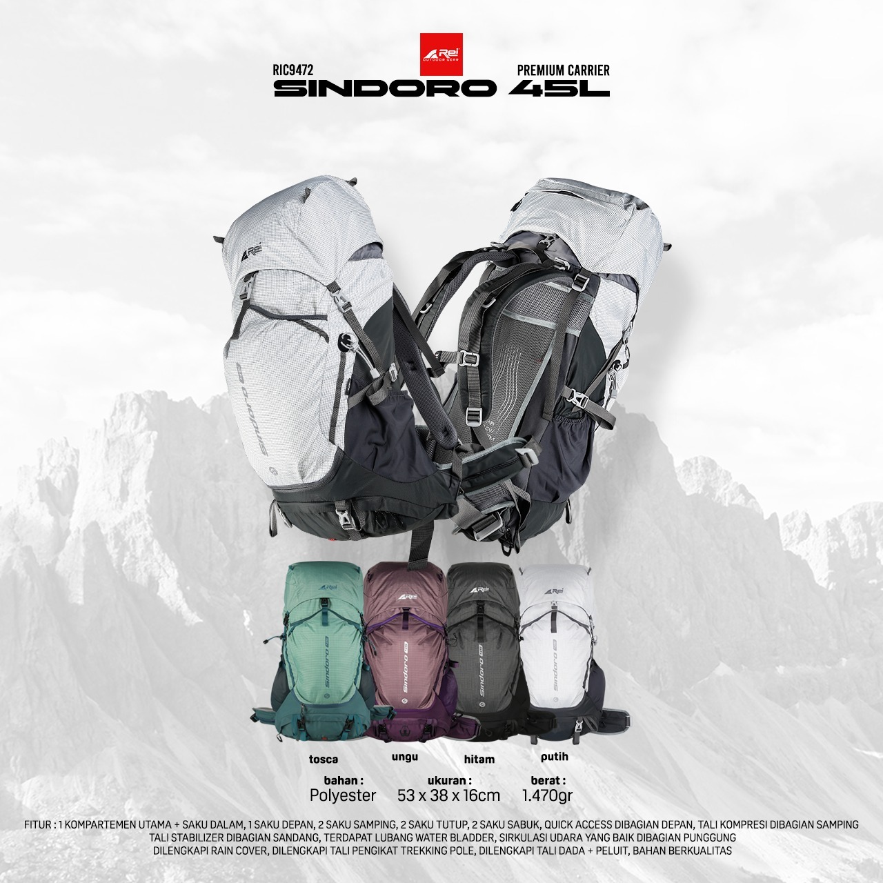 Tas Gunung / Carrier Premium Sindoro 45 Liter Arei Outdoorgear - Image 10